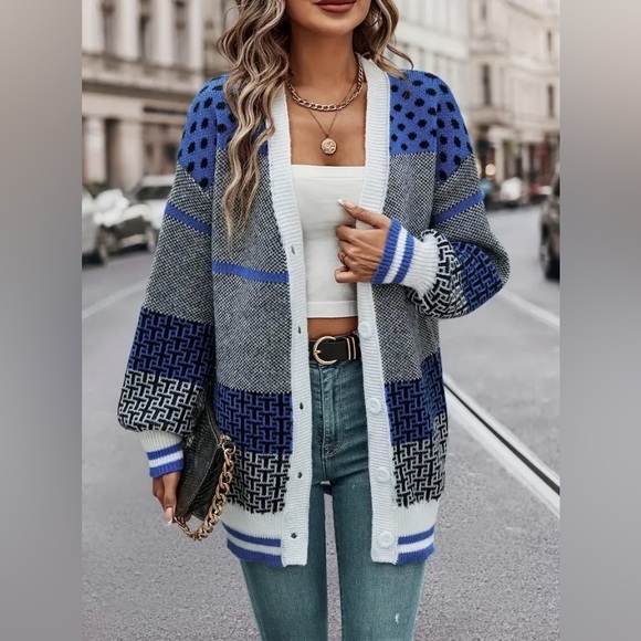 Sweaters - Color Block Geo Print Knit Cardigan Long Sleeve Button Front. Size: Various